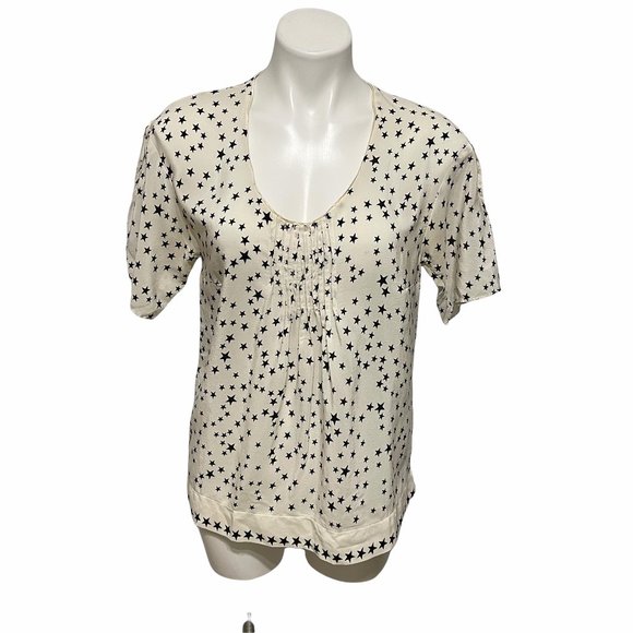 Sandro Size 2 Short Sleeve Scoop Neck Cream and Black Star Celestial Silk Blouse - Picture 2 of 8